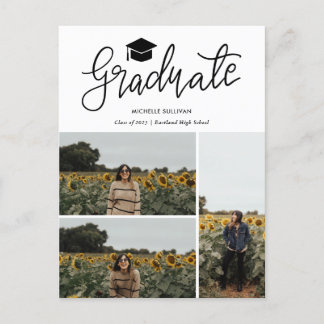 Carte Postale Faire-part Graduate Script | Three Grad Photo Collage
