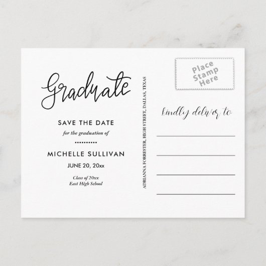 Carte Postale Faire-part Graduate Script | Three Grad Photo Collage (Dos)