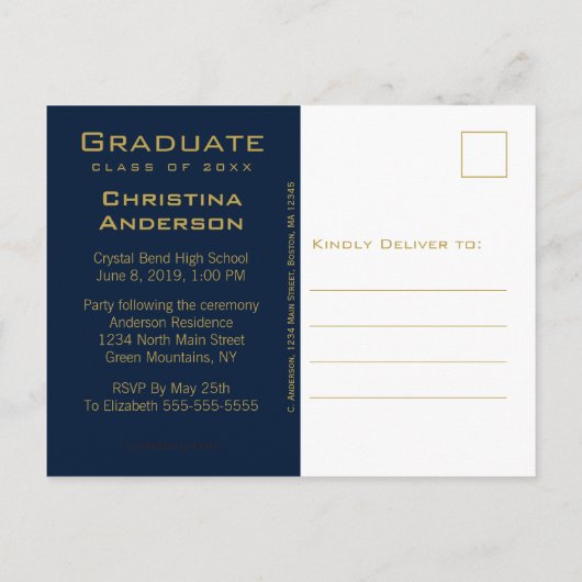 Carte Postale Faire-part Graduation Enregistrer la date Chic Blue Gold Casq (Dos)