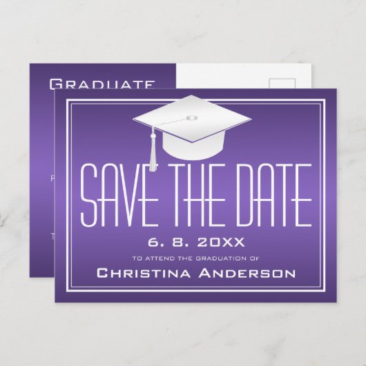 Carte Postale Faire-part Graduation Enregistrer la date Chic Purple Casquet (Devant / Derrière)