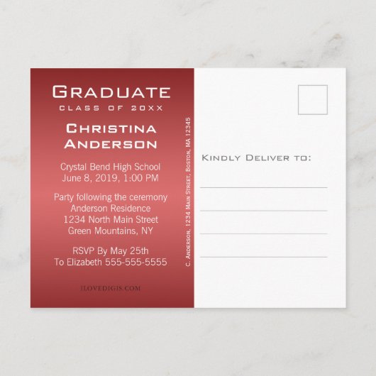Carte Postale Faire-part Graduation Enregistrer la date Chic Red White Grad (Dos)