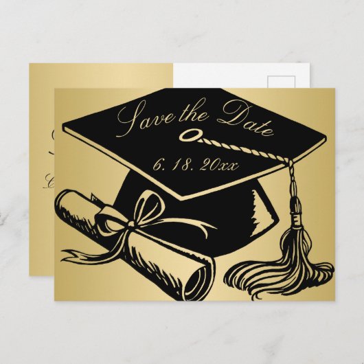 Carte Postale Faire-part Graduation Enregistrer la date Gold avec diplôme d (Devant / Derrière)