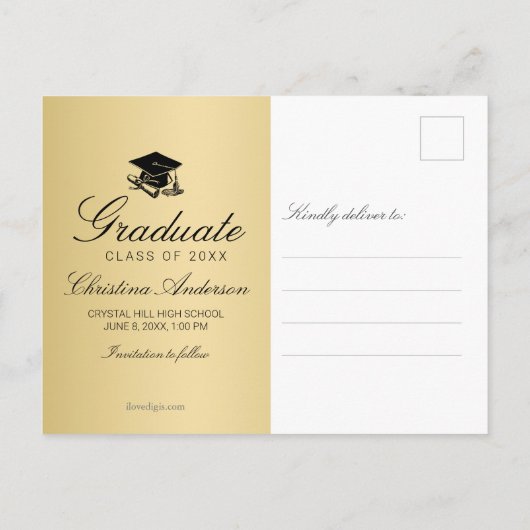 Carte Postale Faire-part Graduation Enregistrer la date Gold avec diplôme d (Dos)