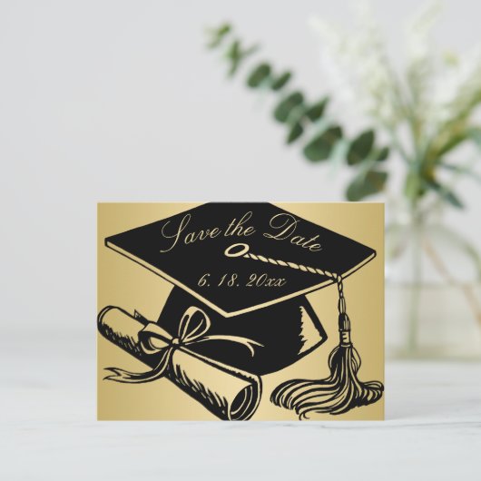 Carte Postale Faire-part Graduation Enregistrer la date Gold avec diplôme d (Debout devant)