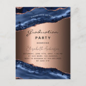 Carte Postale Faire-part Graduation fête bleue agate marbre rose or (Devant)