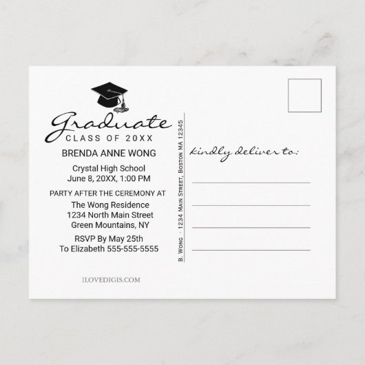 Carte Postale Faire-part Graduation moderne 3 Photo Collage blanc Script (Dos)