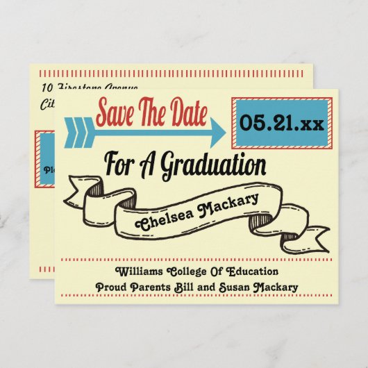 Carte Postale Faire-part Graduation moderne Flèche et Ruban Enregistrer la  (Devant / Derrière)