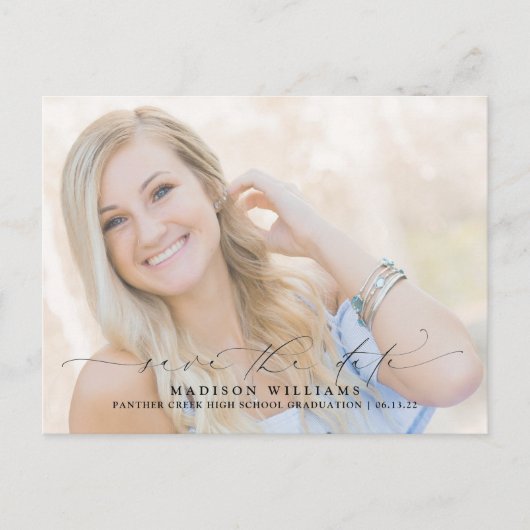 Carte Postale Faire-part Graduation photo de script moderne Enregistrer la  (Devant)