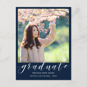 Carte Postale Faire-part Graduation Photo Modern White Script Blue 2023