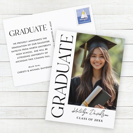 Carte Postale Faire-part Graduation photo moderne Black Custom Graduate