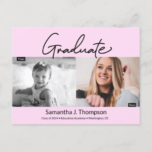 Carte Postale Faire-part Graduation rose vif, puis et maintenant Photos des