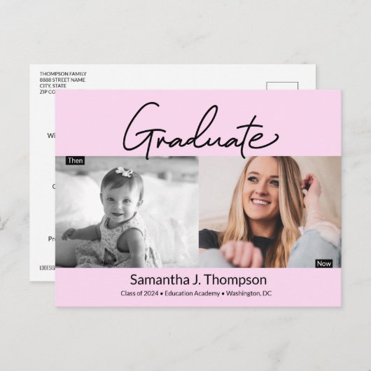 Carte Postale Faire-part Graduation rose vif, puis et maintenant Photos des (Devant / Derrière)