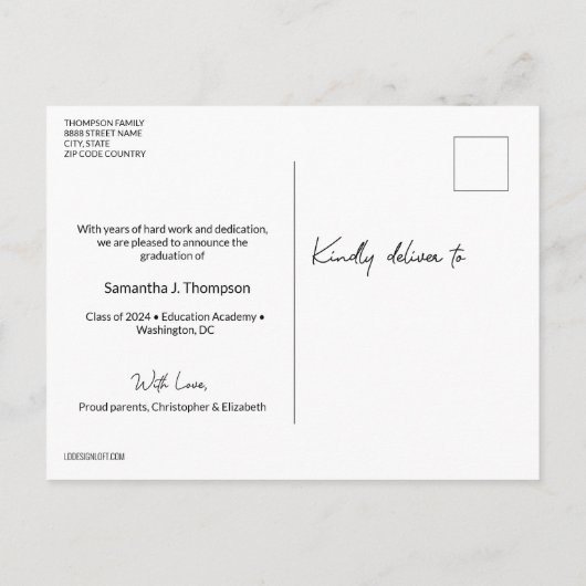 Carte Postale Faire-part Graduation rose vif, puis et maintenant Photos des (Dos)