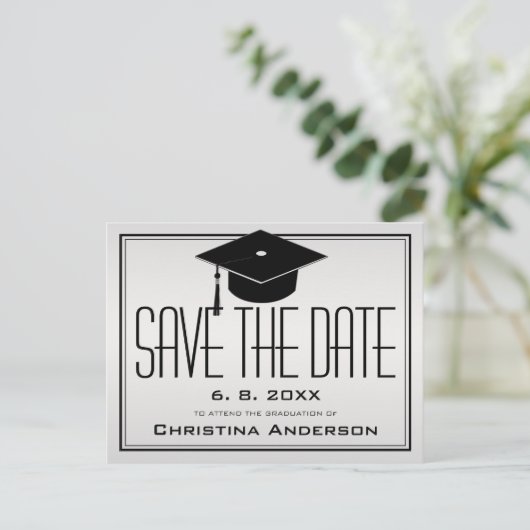 Carte Postale Faire-part Graduation Sauvegarder la date Casquette Grad Silv (Debout devant)