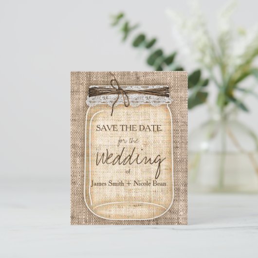Carte Postale Faire-part Grand Mason Jar & Burlap Lace Rustique Enregistrer (Debout devant)