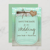 Carte Postale Faire-part Grand pot Mason Mint + Lumières Rustique Save the (Devant / Derrière)