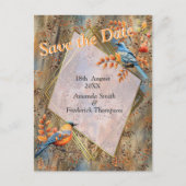 Carte Postale Faire-part Grands arbres, feuilles d'automne et merles. (Devant)