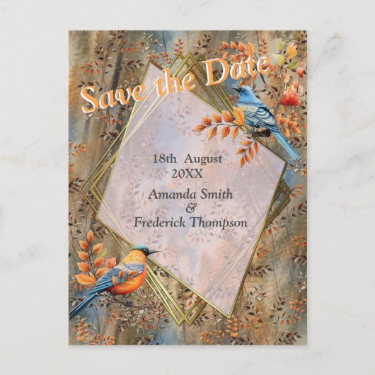 Carte Postale Faire-part Grands arbres, feuilles d'automne et merles. (Devant)