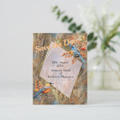 Carte Postale Faire-part Grands arbres, feuilles d'automne et merles. (Debout devant)