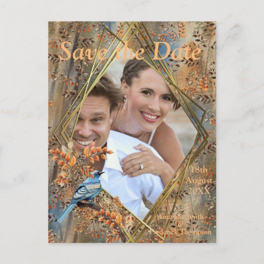 Carte Postale Faire-part Grands arbres, feuilles d'automne et merles bleus. (Devant)