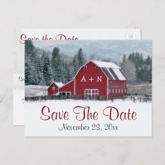Carte Postale Faire-part Grange rouge en mariage hivernal Enregistrer la da (Devant / Derrière)