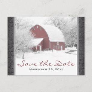 Carte Postale Faire-part Grange rouge en mariage hivernal Enregistrer la da