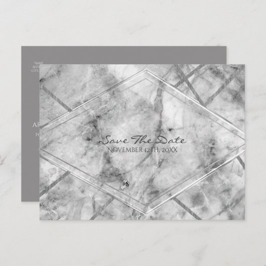Carte Postale Faire-part Gray & Marbre blanc Glam Élégant Enregistrer la da (Devant / Derrière)