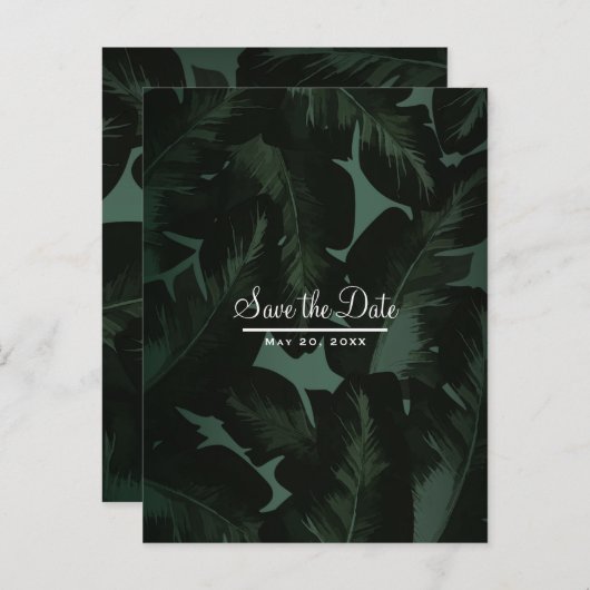 Carte Postale Faire-part Green & Black Chic Tropical Feuilles Sauvez la dat (Devant / Derrière)