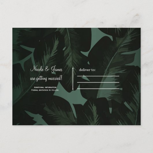 Carte Postale Faire-part Green & Black Chic Tropical Feuilles Sauvez la dat (Dos)