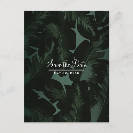 Carte Postale Faire-part Green & Black Chic Tropical Feuilles Sauvez la dat (Devant)