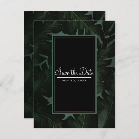 Carte Postale Faire-part Green & Black Chic Tropical Feuilles Sauvez la dat (Devant / Derrière)