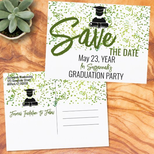 Carte Postale Faire-part Green Confetti Graduation Party Enregistrer la dat