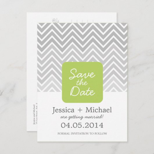 Carte Postale Faire-part Green Grey Ombre Chevron Mariage Enregistrer La Da (Devant / Derrière)