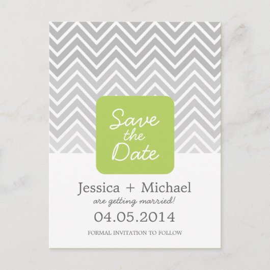 Carte Postale Faire-part Green Grey Ombre Chevron Mariage Enregistrer La Da (Devant)