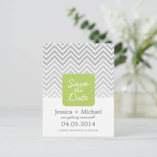 Carte Postale Faire-part Green Grey Ombre Chevron Mariage Enregistrer La Da (Debout devant)