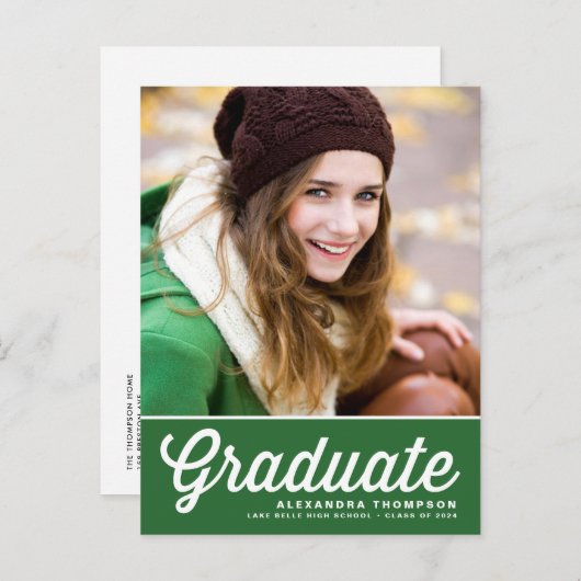 Carte Postale Faire-part Green Retro Script Class of 2023 Photo Graduation (Devant / Derrière)