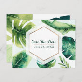 Carte Postale Faire-part Green Tropical Feuilles Blanc Élégant Enregistrer  (Devant / Derrière)