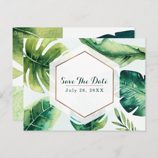 Carte Postale Faire-part Green Tropical Feuilles Blanc Élégant Enregistrer  (Devant / Derrière)