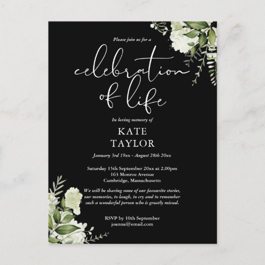 Carte Postale Faire-part Greenery Floral Celebration of Life Memorial (Devant)