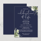 Carte Postale Faire-part Greenery Navy Blue Celebration of Life Memorial (Devant / Derrière)