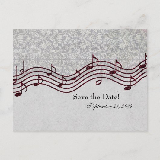 Carte Postale Faire-part Grey Damask Red Music Enregistrer la date (Devant)