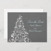 Carte Postale Faire-part Grey Sparkly Holiday Tree Enregistrer la date Cart (Devant / Derrière)