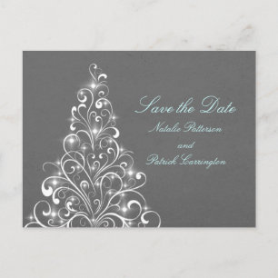 Carte Postale Faire-part Grey Sparkly Holiday Tree Enregistrer la date Cart