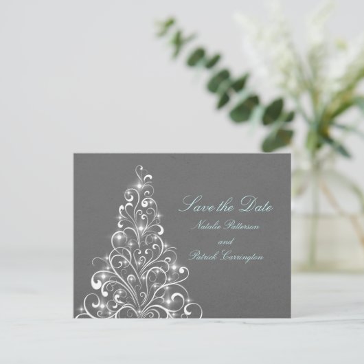 Carte Postale Faire-part Grey Sparkly Holiday Tree Enregistrer la date Cart (Debout devant)