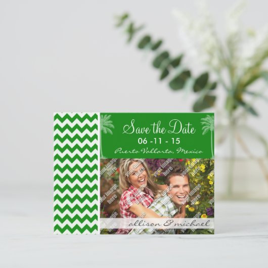 Carte Postale Faire-part Grilles de Chevron Vert ; Palmier D'Été (Debout devant)