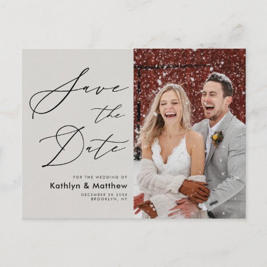 Carte Postale Faire-part Gris Élégant Script Photo Mariage Enregistrer La D (Devant)