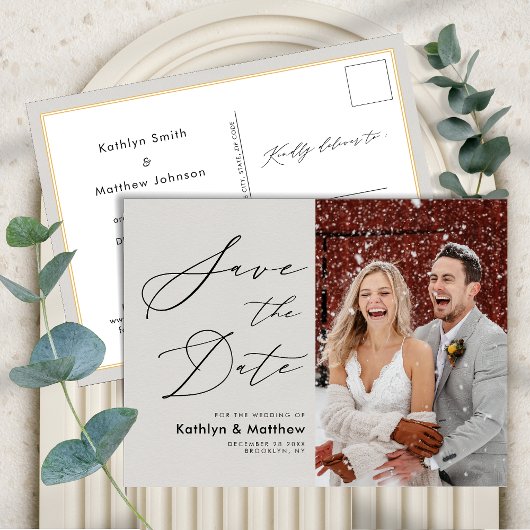 Carte Postale Faire-part Gris Élégant Script Photo Mariage Enregistrer La D