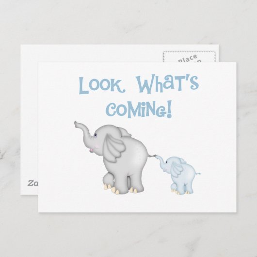 Carte Postale Faire-part Grossesse d'éléphant bleu (Devant / Derrière)