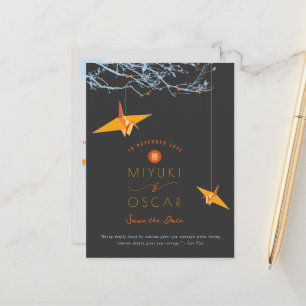 Carte Postale Faire-part Grues en papier origami orange suspendues pour une