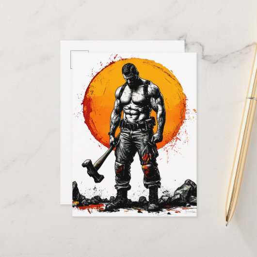 Carte Postale Faire-part guerrier barbare médiéval fantaisie marteau force (Devant/Arrière en situation)